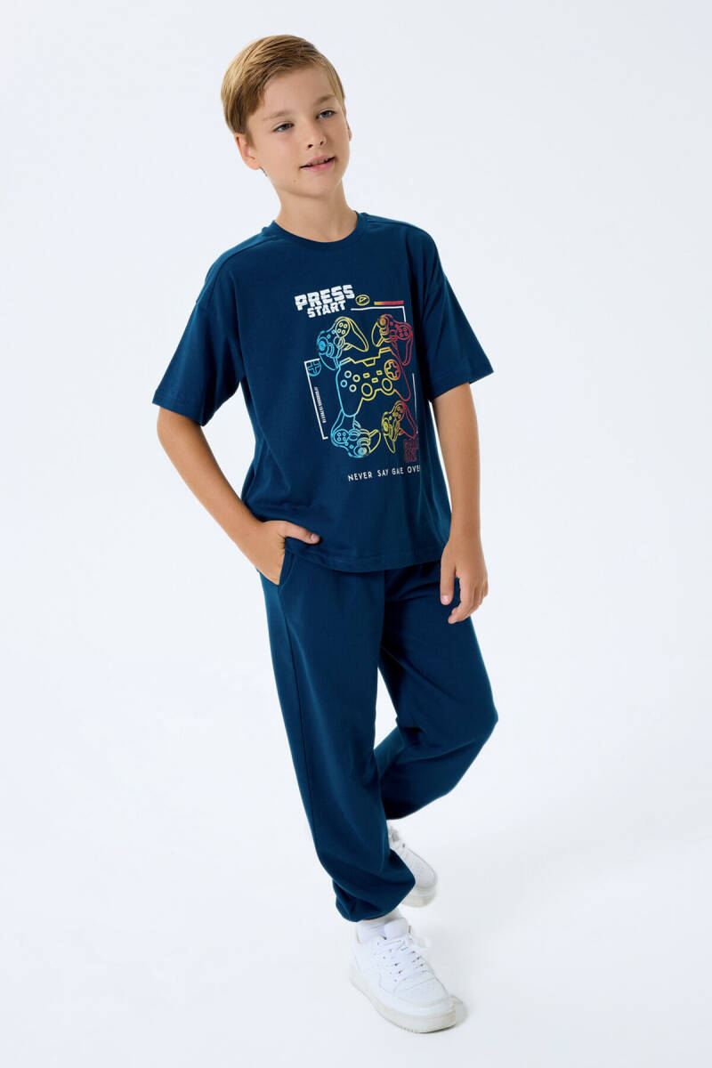Rolypoly Erkek Çocuk Bisiklet Yaka Baskılı Yazlık Regular Fit Lacivert Pijama Takımı RP3759-C-V1 - 2