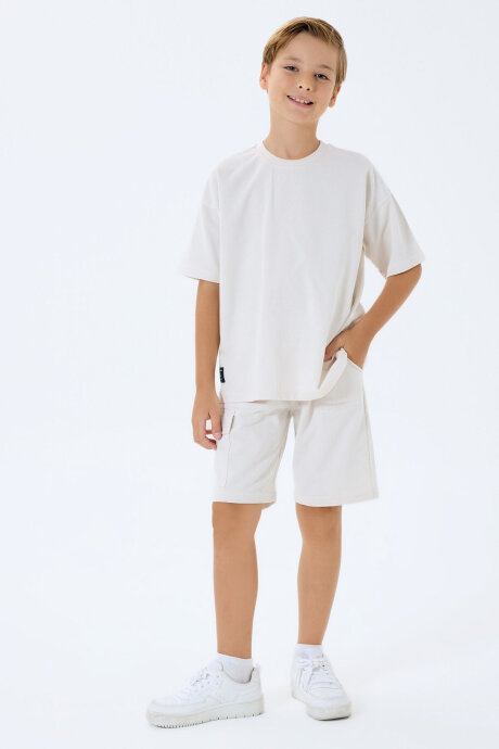 Rolypoly Erkek Çocuk %100 Pamuk Bisiklet Yaka Baskısız Yazlık Oversize Fit Beyaz Bermuda Takım RP3765-C-V3 - 2