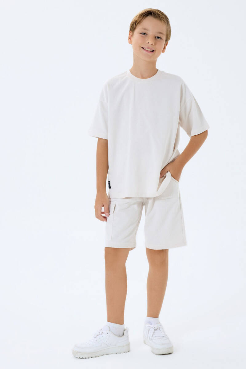 Rolypoly Erkek Çocuk %100 Pamuk Bisiklet Yaka Baskısız Yazlık Oversize Fit Beyaz Bermuda Takım RP3765-C-V3 - 2