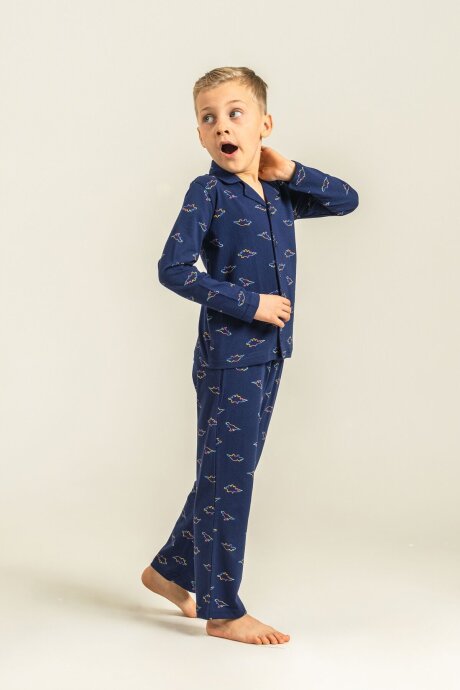 Rolypoly Erkek Çocuk %100 Pamuk Colorful Dinos Lacivert Gömlek Pijama Takımı RP3867-C-V1 - 7