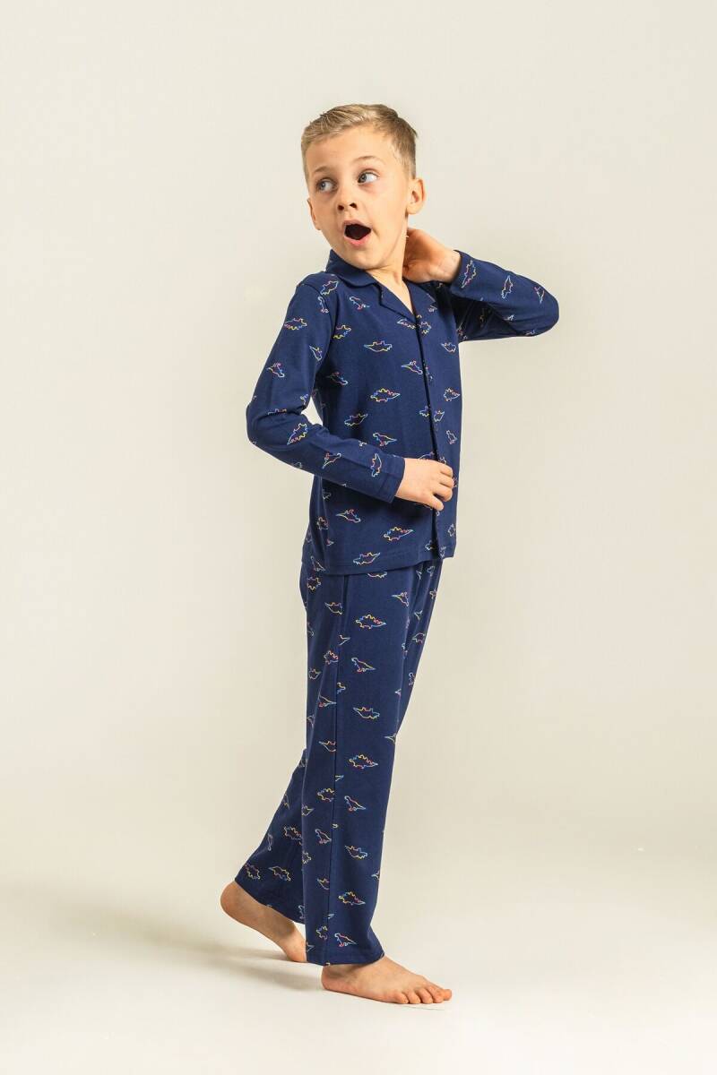 Rolypoly Erkek Çocuk %100 Pamuk Colorful Dinos Lacivert Gömlek Pijama Takımı RP3867-C-V1 - 7