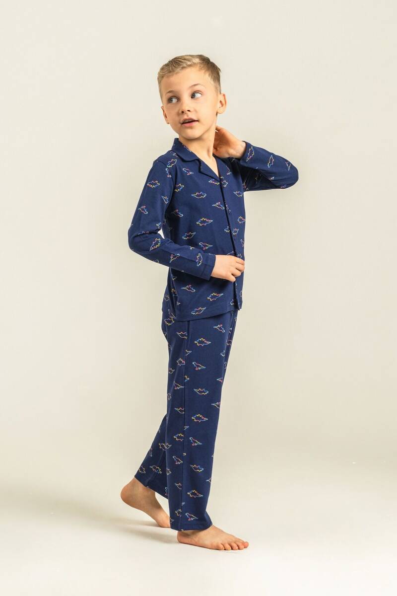 Rolypoly Erkek Çocuk %100 Pamuk Colorful Dinos Lacivert Gömlek Pijama Takımı RP3867-C-V1 - 6