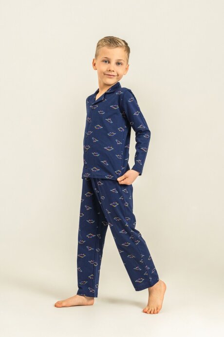 Rolypoly Erkek Çocuk %100 Pamuk Colorful Dinos Lacivert Gömlek Pijama Takımı RP3867-C-V1 (1)