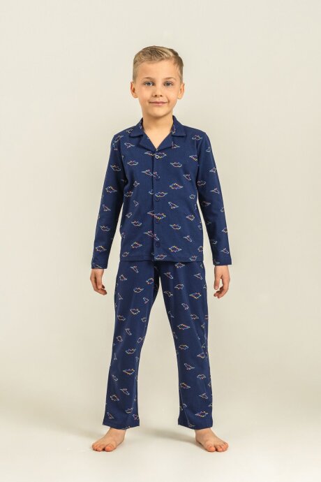 Rolypoly Erkek Çocuk %100 Pamuk Colorful Dinos Lacivert Gömlek Pijama Takımı RP3867-C-V1