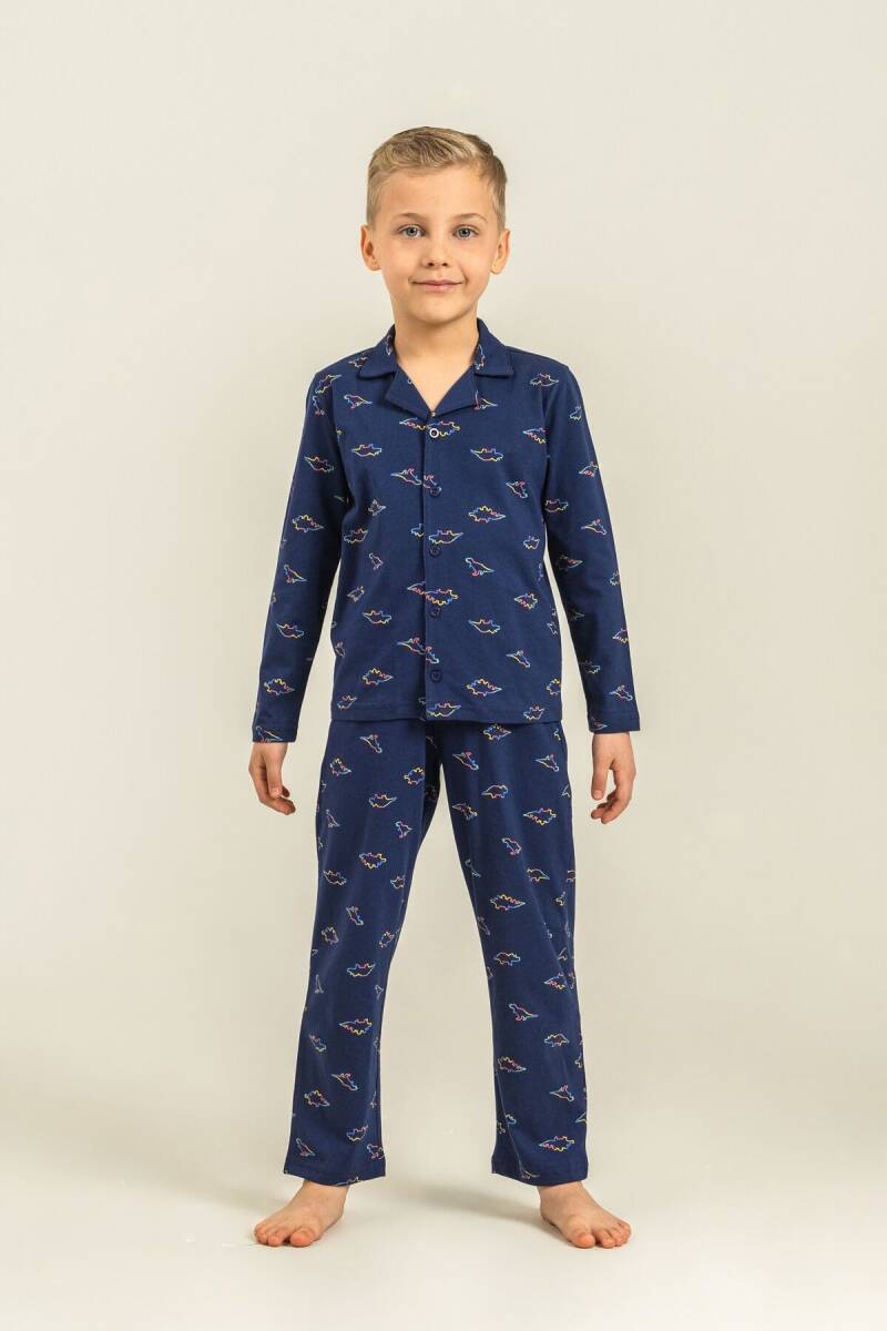 Rolypoly Erkek Çocuk %100 Pamuk Colorful Dinos Lacivert Gömlek Pijama Takımı RP3867-C-V1 - 1