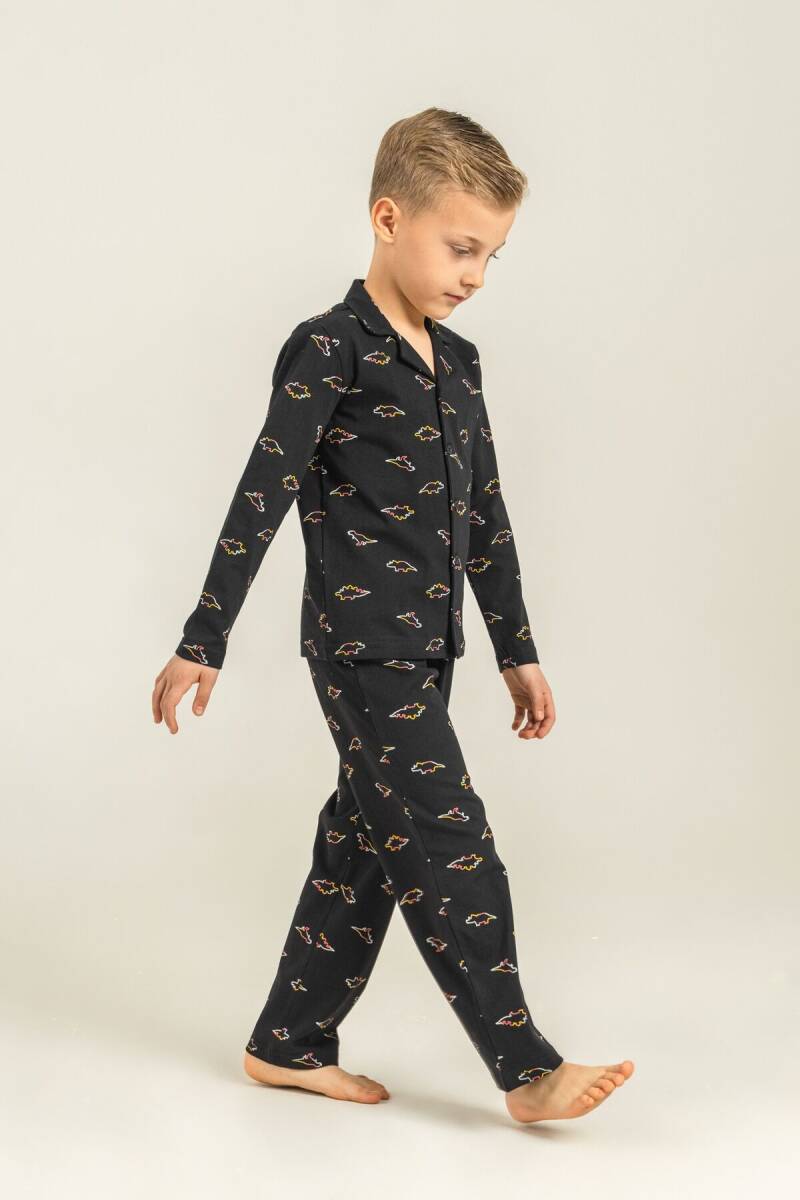 Rolypoly Erkek Çocuk %100 Pamuk Colorful Dinos Siyah Gömlek Pijama Takımı RP3867-C-V2 - 2