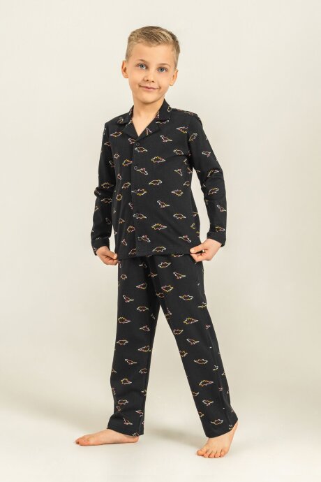 Rolypoly Erkek Çocuk %100 Pamuk Colorful Dinos Siyah Gömlek Pijama Takımı RP3867-C-V2