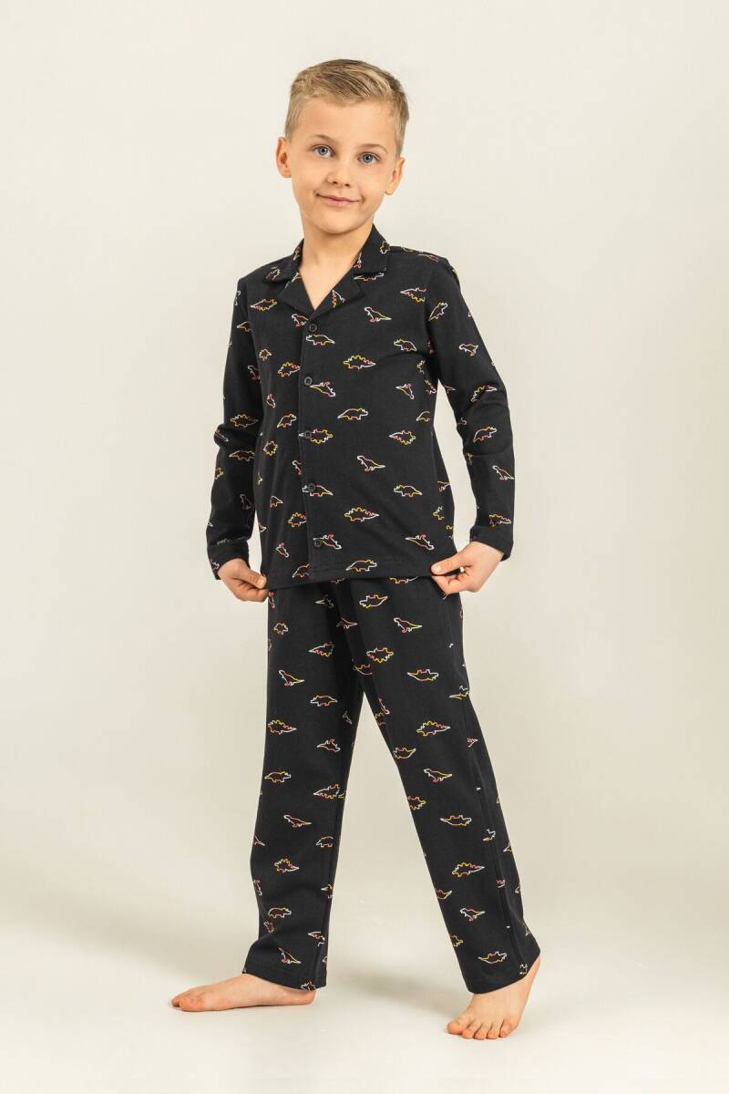 Rolypoly Erkek Çocuk %100 Pamuk Colorful Dinos Siyah Gömlek Pijama Takımı RP3867-C-V2 - 1