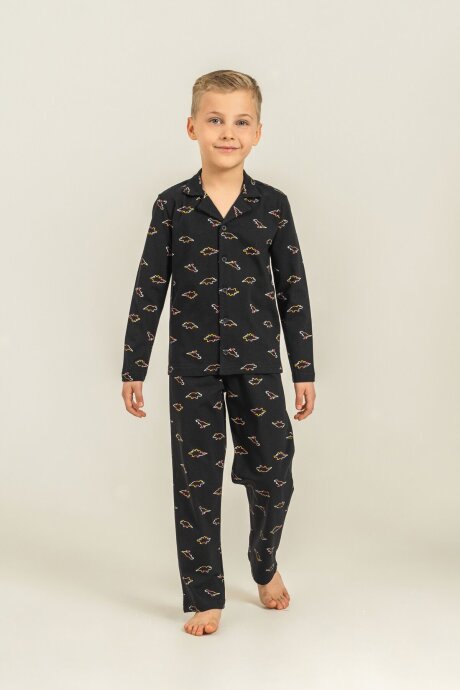 Rolypoly Erkek Çocuk %100 Pamuk Colorful Dinos Siyah Gömlek Pijama Takımı RP3867-C-V2 - 5