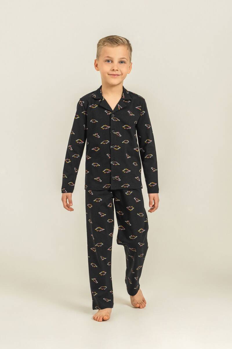 Rolypoly Erkek Çocuk %100 Pamuk Colorful Dinos Siyah Gömlek Pijama Takımı RP3867-C-V2 - 5
