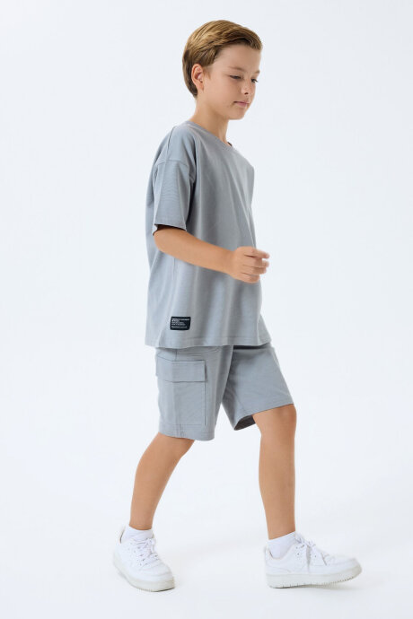 Rolypoly Erkek Çocuk %100 Pamuk Bisiklet Yaka Baskısız Yazlık Oversize Fit Gri Bermuda Takım RP3765-C-V2 - 1