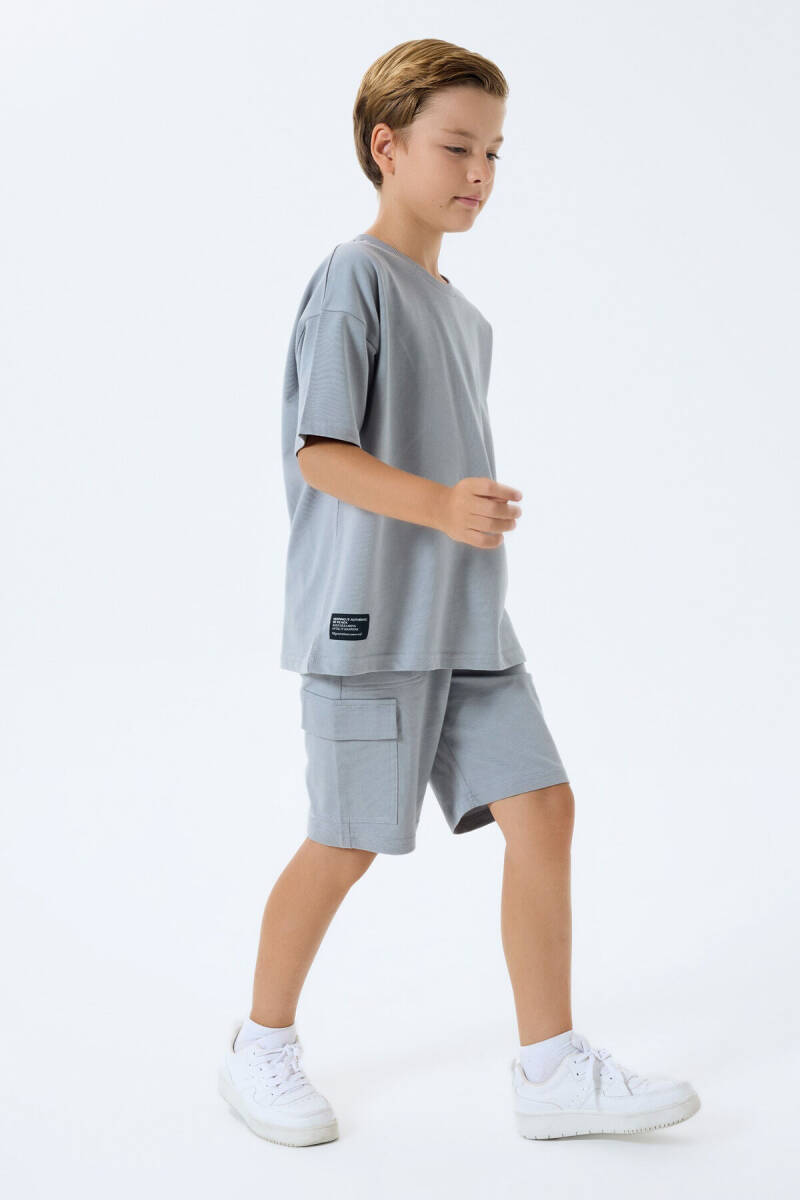 Rolypoly Erkek Çocuk %100 Pamuk Bisiklet Yaka Baskısız Yazlık Oversize Fit Gri Bermuda Takım RP3765-C-V2 - 1