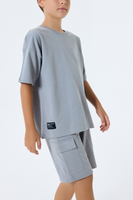 Rolypoly Erkek Çocuk %100 Pamuk Bisiklet Yaka Baskısız Yazlık Oversize Fit Gri Bermuda Takım RP3765-C-V2 - 2