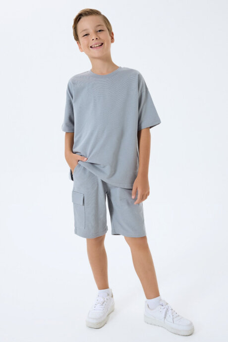 Rolypoly Erkek Çocuk %100 Pamuk Bisiklet Yaka Baskısız Yazlık Oversize Fit Gri Bermuda Takım RP3765-C-V2 - 5