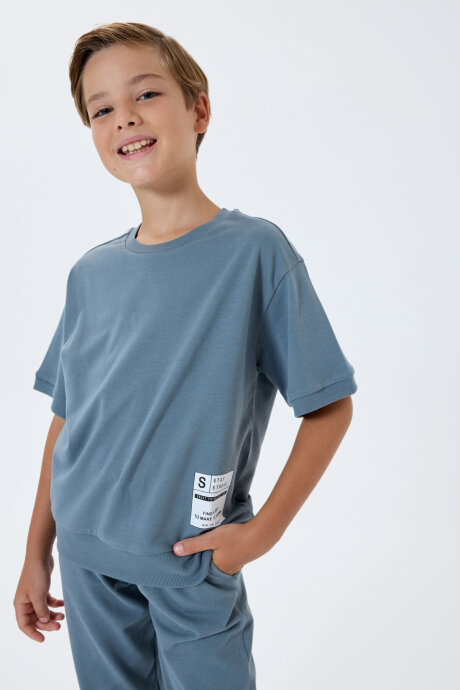 Rolypoly Erkek Çocuk %100 Pamuk Bisiklet Yaka Baskılı Yazlık Oversize Fit Mavi Eşofman Takımı RP3767-C-V2 - 2