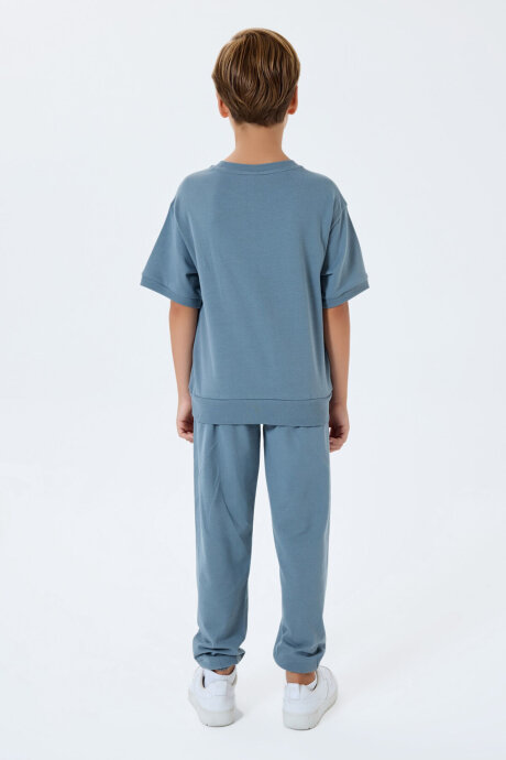 Rolypoly Erkek Çocuk %100 Pamuk Bisiklet Yaka Baskılı Yazlık Oversize Fit Mavi Eşofman Takımı RP3767-C-V2 - 4