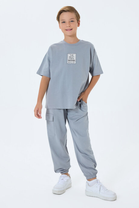 Rolypoly Erkek Çocuk Bisiklet Yaka Baskılı Yazlık Oversize Fit Gri Pijama Takımı RP3766-C-V1
