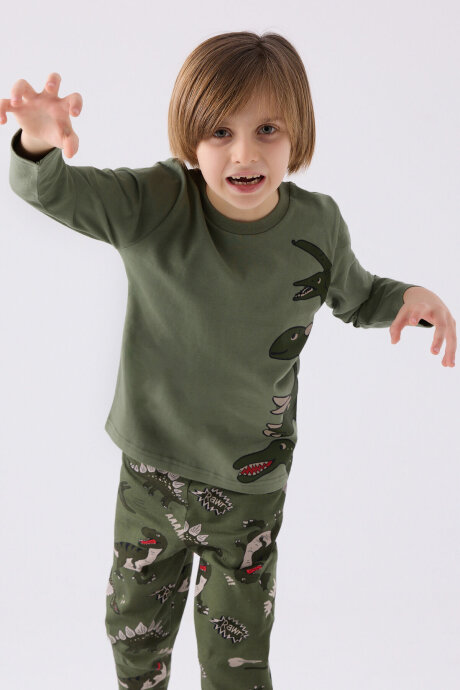 Rolypoly Erkek Çocuk Bisiklet Yaka Pigment Baskılı Kışlık Regular Fit Haki Pijama Takımı RP3429-C-V1 (1)
