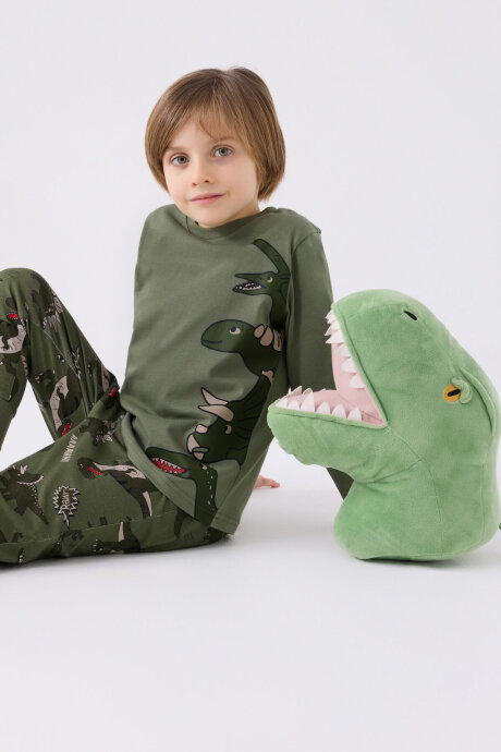 Rolypoly Erkek Çocuk Bisiklet Yaka Pigment Baskılı Kışlık Regular Fit Haki Pijama Takımı RP3429-C-V1 - 3