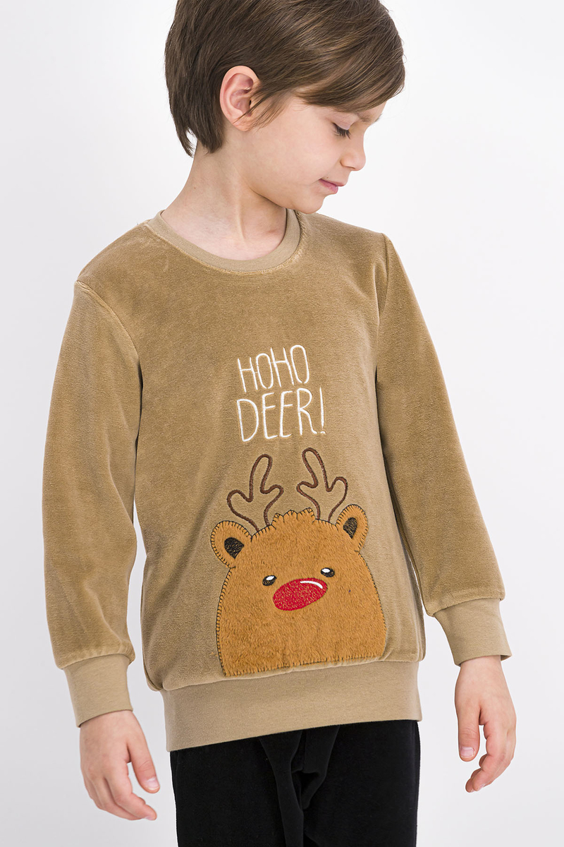 Rolypoly Hoho Deer Camel Erkek Çocuk Kadife Pijama Takımı