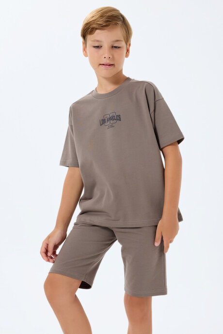 Rolypoly Erkek Çocuk %100 Pamuk Bisiklet Yaka Baskılı Yazlık Oversize Fit Kahverengi Bermuda Takım RP3729-C-V2 