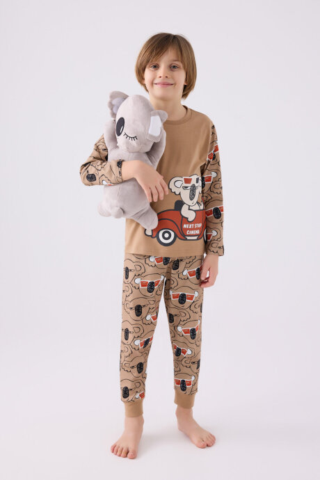 Rolypoly Erkek Çocuk Bisiklet Yaka Pigment Baskılı Kışlık Regular Fit Kahverengi Pijama Takımı RP3446-C-V2 - 3