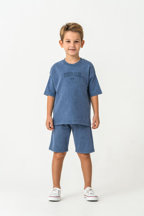 Rolypoly Erkek Çocuk %100 Pamuk Bisiklet Yaka Baskılı Yazlık Oversize Fit Lacivert Bermuda Takım RP3728-C-V2 - 2