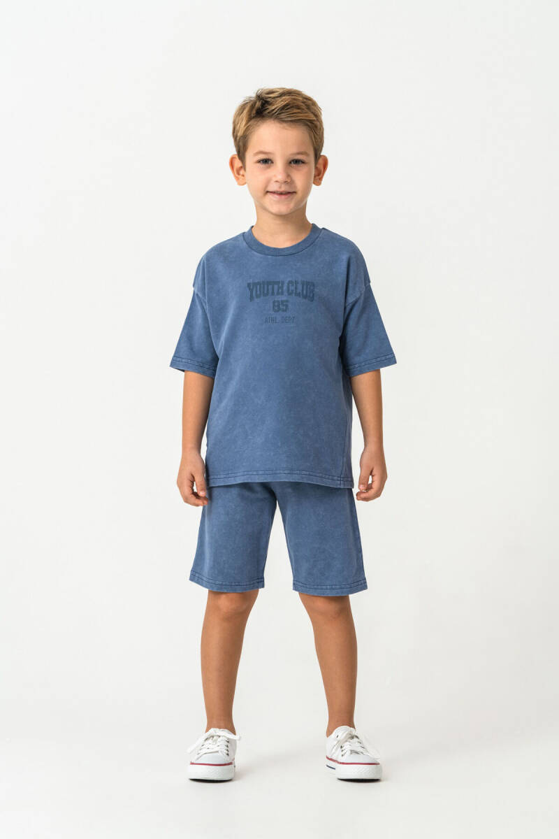 Rolypoly Erkek Çocuk %100 Pamuk Bisiklet Yaka Baskılı Yazlık Oversize Fit Lacivert Bermuda Takım RP3728-C-V2 - 2