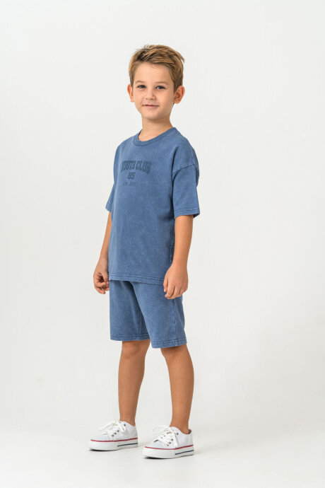 Rolypoly Erkek Çocuk %100 Pamuk Bisiklet Yaka Baskılı Yazlık Oversize Fit Lacivert Bermuda Takım RP3728-C-V2 - 3