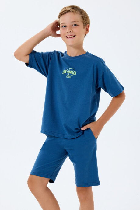Rolypoly Erkek Çocuk %100 Pamuk Bisiklet Yaka Baskılı Yazlık Oversize Fit Lacivert Bermuda Takım RP3729-C-V1 - 1