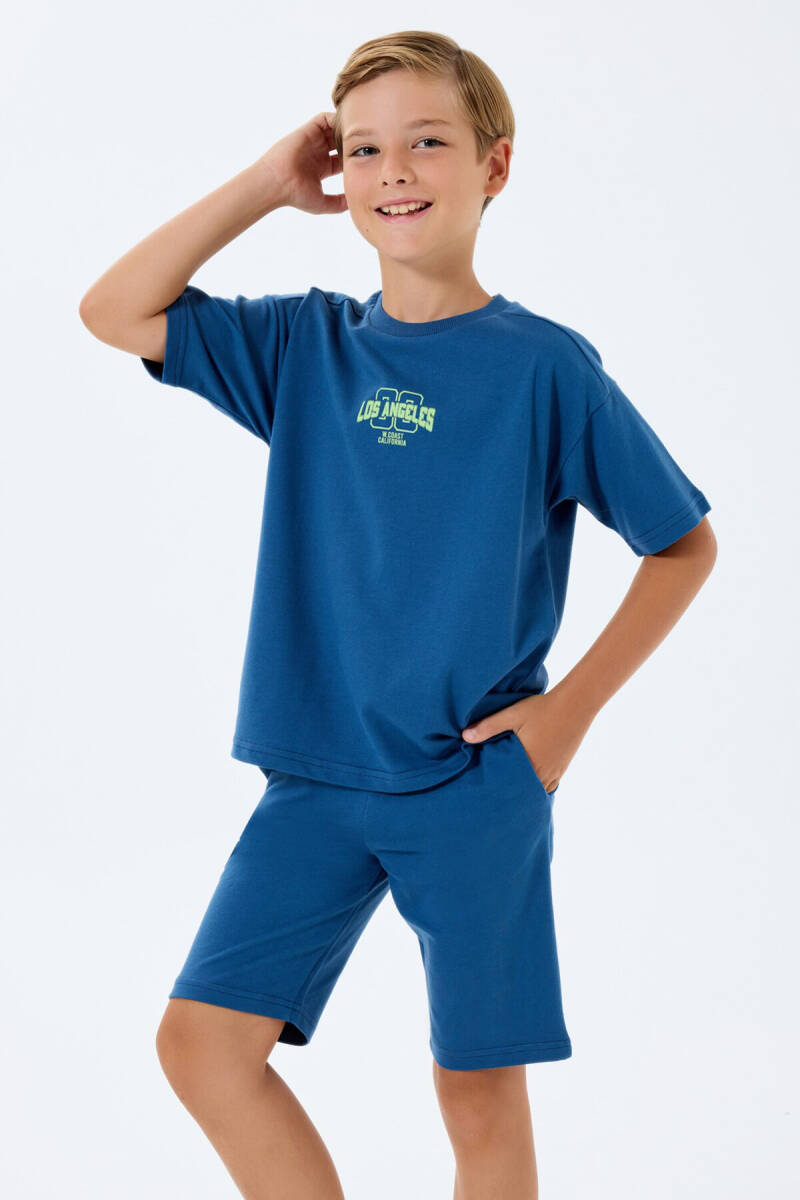 Rolypoly Erkek Çocuk %100 Pamuk Bisiklet Yaka Baskılı Yazlık Oversize Fit Lacivert Bermuda Takım RP3729-C-V1 - 1