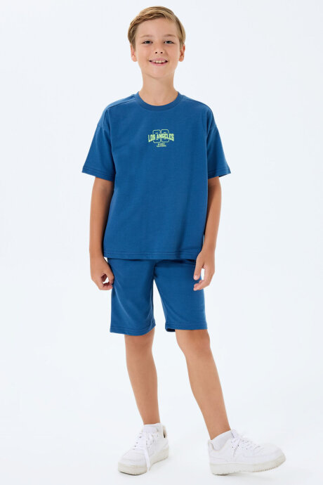 Rolypoly Erkek Çocuk %100 Pamuk Bisiklet Yaka Baskılı Yazlık Oversize Fit Lacivert Bermuda Takım RP3729-C-V1 - 2