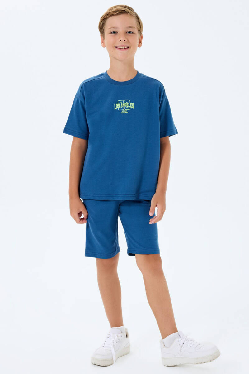 Rolypoly Erkek Çocuk %100 Pamuk Bisiklet Yaka Baskılı Yazlık Oversize Fit Lacivert Bermuda Takım RP3729-C-V1 - 2