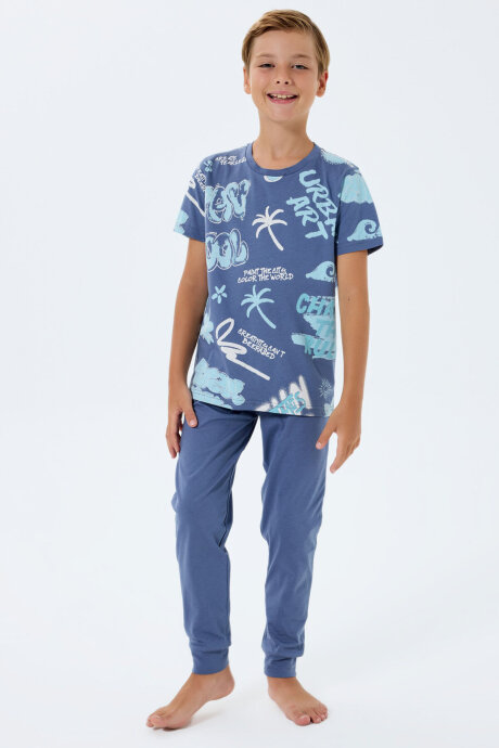 Rolypoly Erkek Çocuk Bisiklet Yaka Baskılı Yazlık Regular Fit Lacivert Pijama Takımı RP3746-C-V2