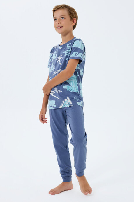 Rolypoly Erkek Çocuk Bisiklet Yaka Baskılı Yazlık Regular Fit Lacivert Pijama Takımı RP3746-C-V2 (1)