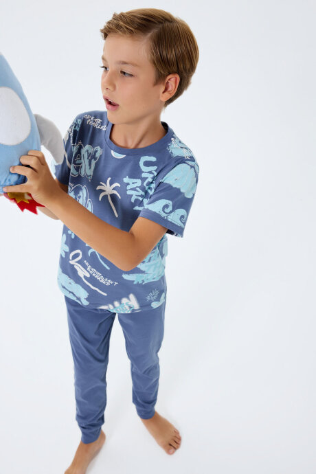 Rolypoly Erkek Çocuk Bisiklet Yaka Baskılı Yazlık Regular Fit Lacivert Pijama Takımı RP3746-C-V2 - 5