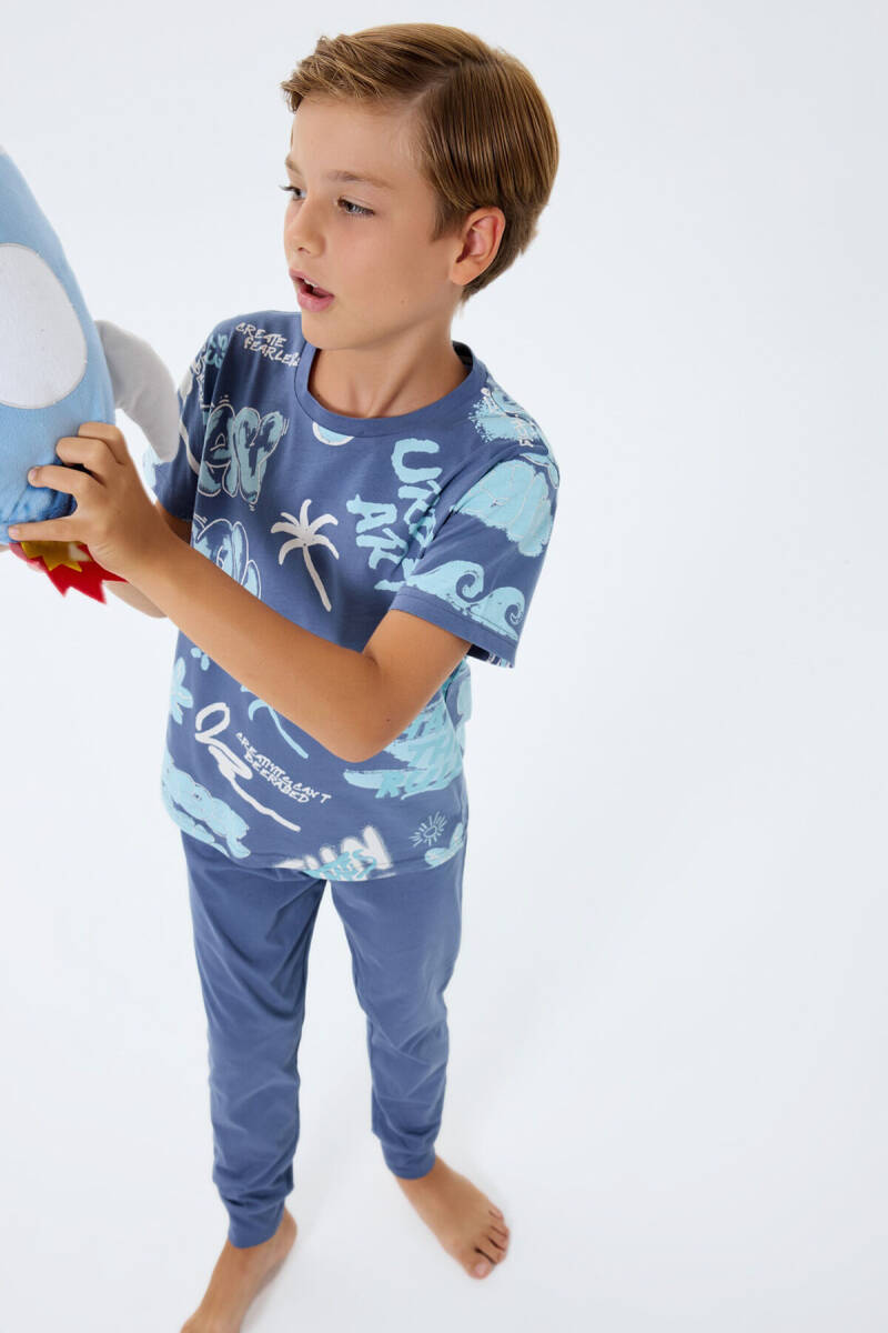 Rolypoly Erkek Çocuk Bisiklet Yaka Baskılı Yazlık Regular Fit Lacivert Pijama Takımı RP3746-C-V2 - 5