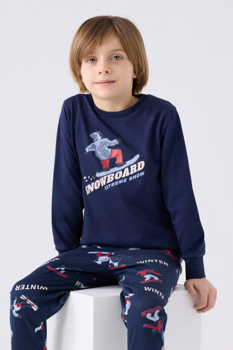 Rolypoly Erkek Çocuk Pamuklu Bisiklet Yaka Pigment Baskılı Kışlık Regular Fit Lacivert Pijama Takımı RP3435-C-V2 - 2