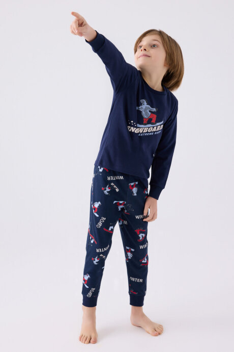 Rolypoly Erkek Çocuk Pamuklu Bisiklet Yaka Pigment Baskılı Kışlık Regular Fit Lacivert Pijama Takımı RP3435-C-V2 - 3