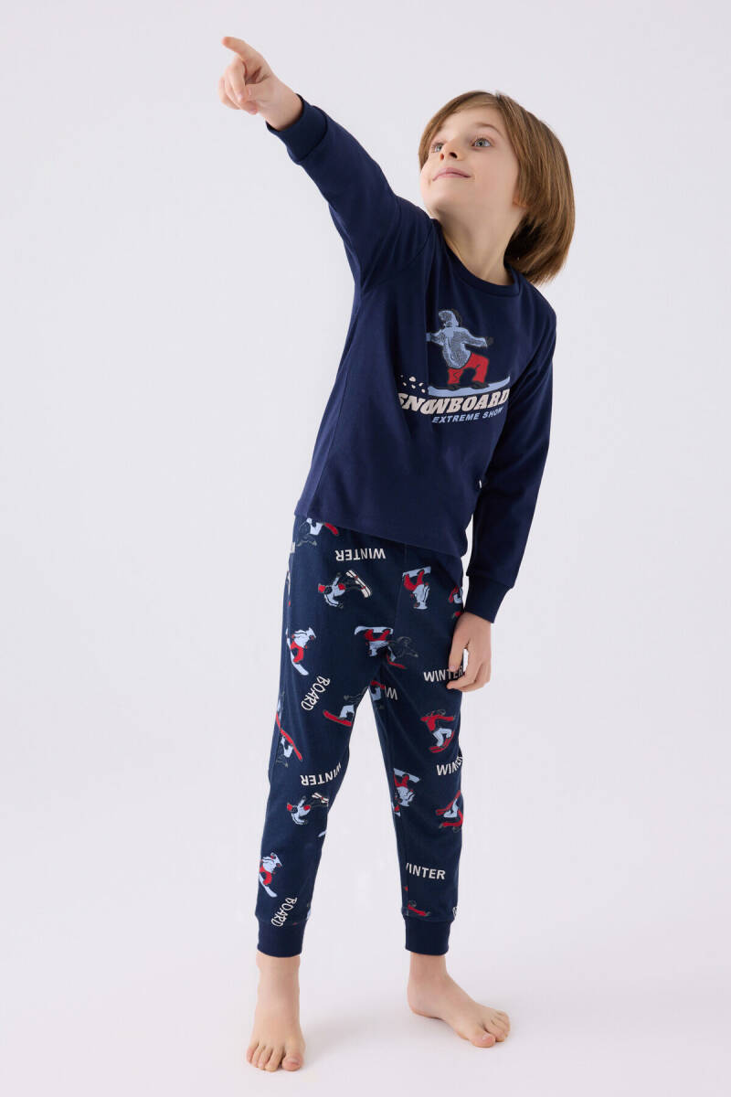 Rolypoly Erkek Çocuk Pamuklu Bisiklet Yaka Pigment Baskılı Kışlık Regular Fit Lacivert Pijama Takımı RP3435-C-V2 - 3
