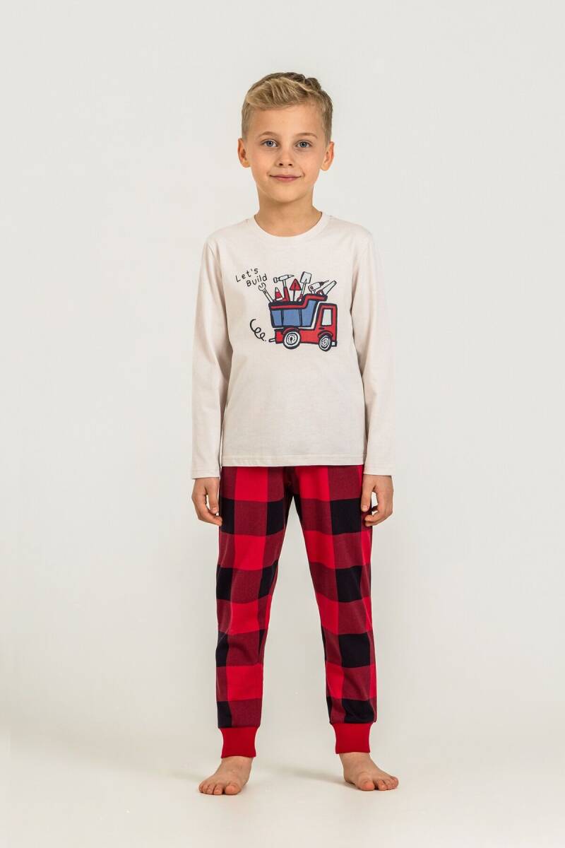 Rolypoly Erkek Çocuk %100 Pamuk Let's Build Beyaz Uzun Kol Pijama Takım RP3872-C-V1 - 2