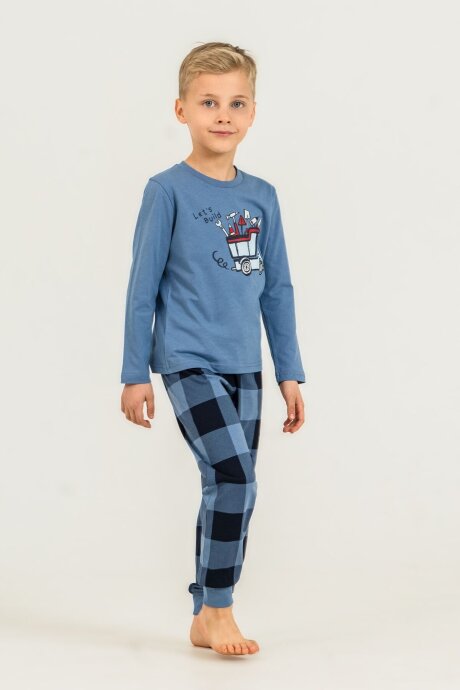 Rolypoly Erkek Çocuk %100 Pamuk Let's Build Mavi Uzun Kol Pijama Takım RP3872-C-V2