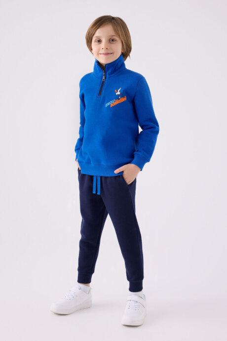 Rolypoly Erkek Çocuk Pamuklu Dik Yaka Empirme Baskılı Kışlık Regular Fit Mavi Eşofman Takımı RP3438-C-V1
