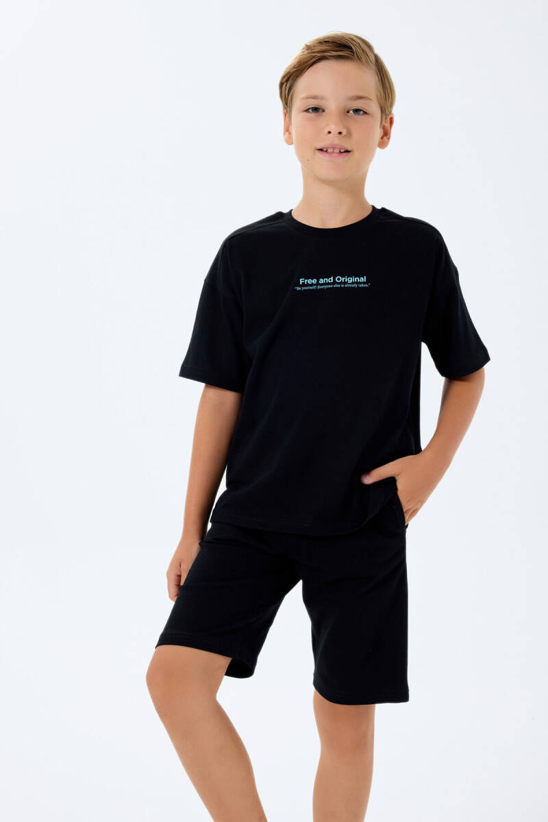 Rolypoly Erkek Çocuk %100 Pamuk Bisiklet Yaka Baskılı Yazlık Regular Fit Siyah Bermuda Takım RP3738-C-V2 - 1