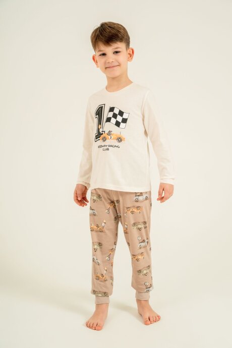 Rolypoly Erkek Çocuk %100 Pamuk Speedway Racing Club Beyazuzun Kol Beyaz Pijama Takım RP3875-C-V1