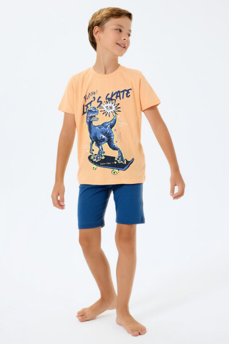 Rolypoly Erkek Çocuk %100 Pamuk Bisiklet Yaka Baskılı Yazlık Regular Fit Turuncu Bermuda Takım RP3735-C-V1 - 2