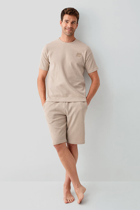 Rolypoly Erkek Bisiklet Yaka Baskılı Yazlık Regular Fit Kahverengi Bermuda Takım RP3725-S-V2 (1)