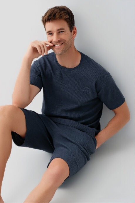 Rolypoly Erkek Bisiklet Yaka Baskılı Yazlık Regular Fit Mavi Bermuda Takım RP3725-S-V1