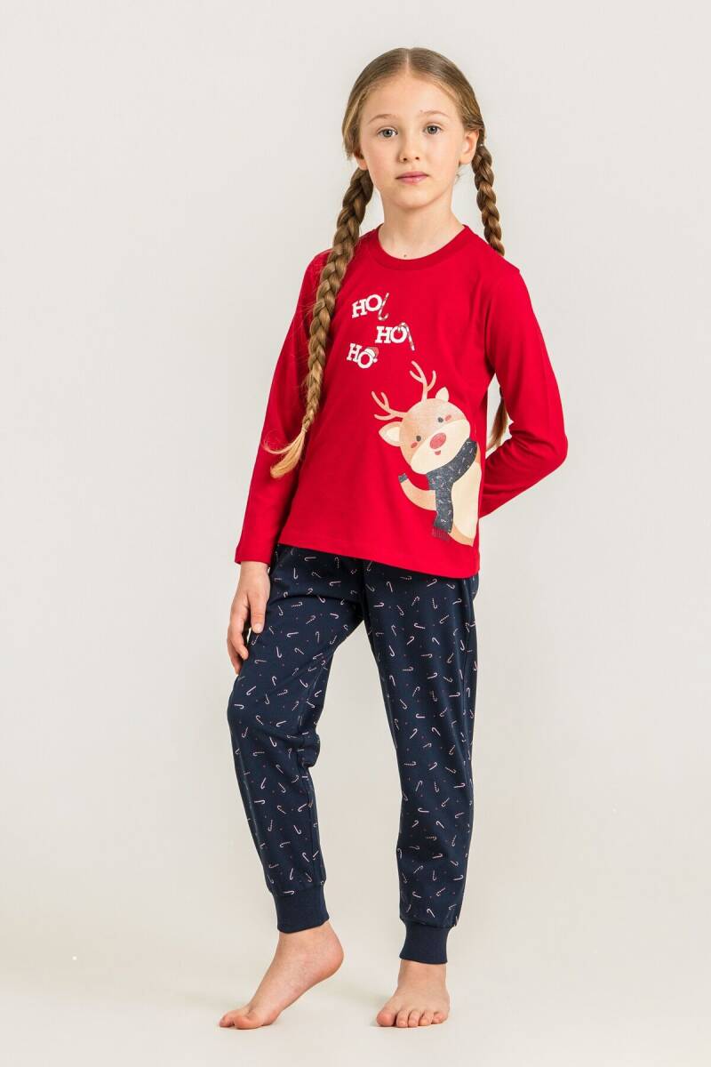 Rolypoly Ho Ho Ho Deer Anne Kız %100 Pamuk Kırmızı Uzun Kol Pijama Takım RP3934-A-V1 - 4