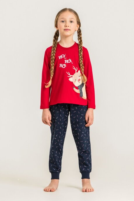 Rolypoly Ho Ho Ho Deer Anne Kız %100 Pamuk Kırmızı Uzun Kol Pijama Takım RP3934-A-V1 (1)